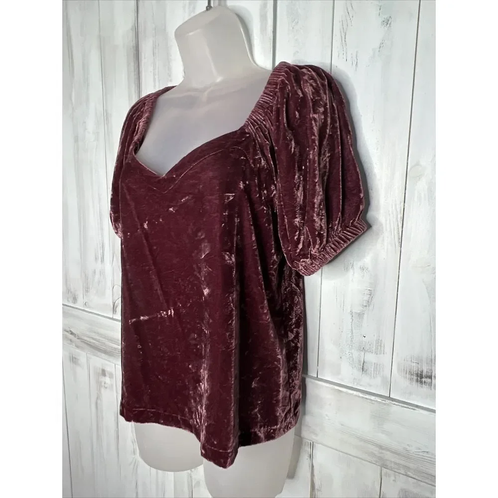 WOMENS‎ ANN TAYLOR LOFT PURPLE CRUSHED VELVET SHORT PUFF SLEEVE V-NECK TOP XS